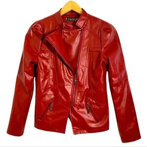 Bright Pearl Red Faux Leather Moto Jacket, Size Small 4/6* Please See Below
